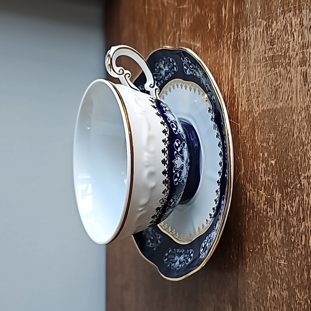Zsolnay - Hungary 1853 - 1999 Blue, Gold, and White Teacup and Saucer